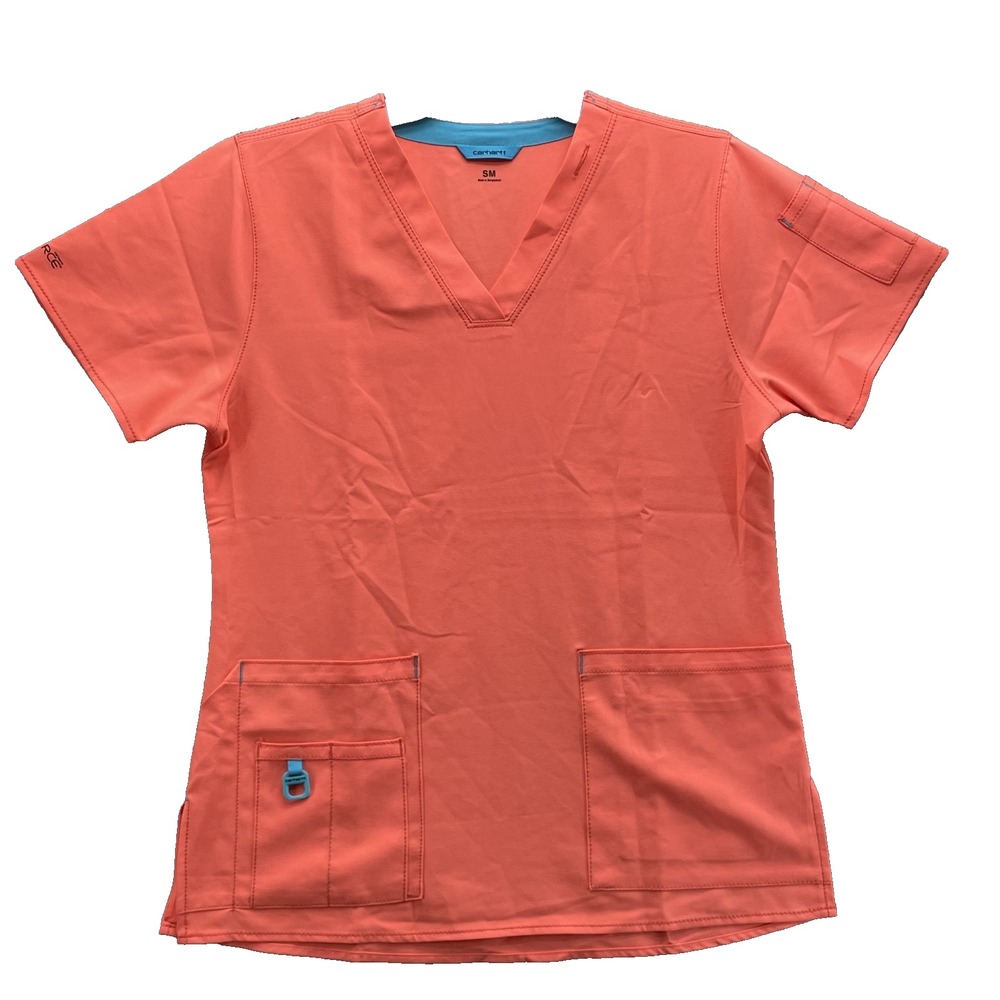Carhartt Force Scrub Top Womens Small Coral V-Neck Workwear Uniform Medical Tech